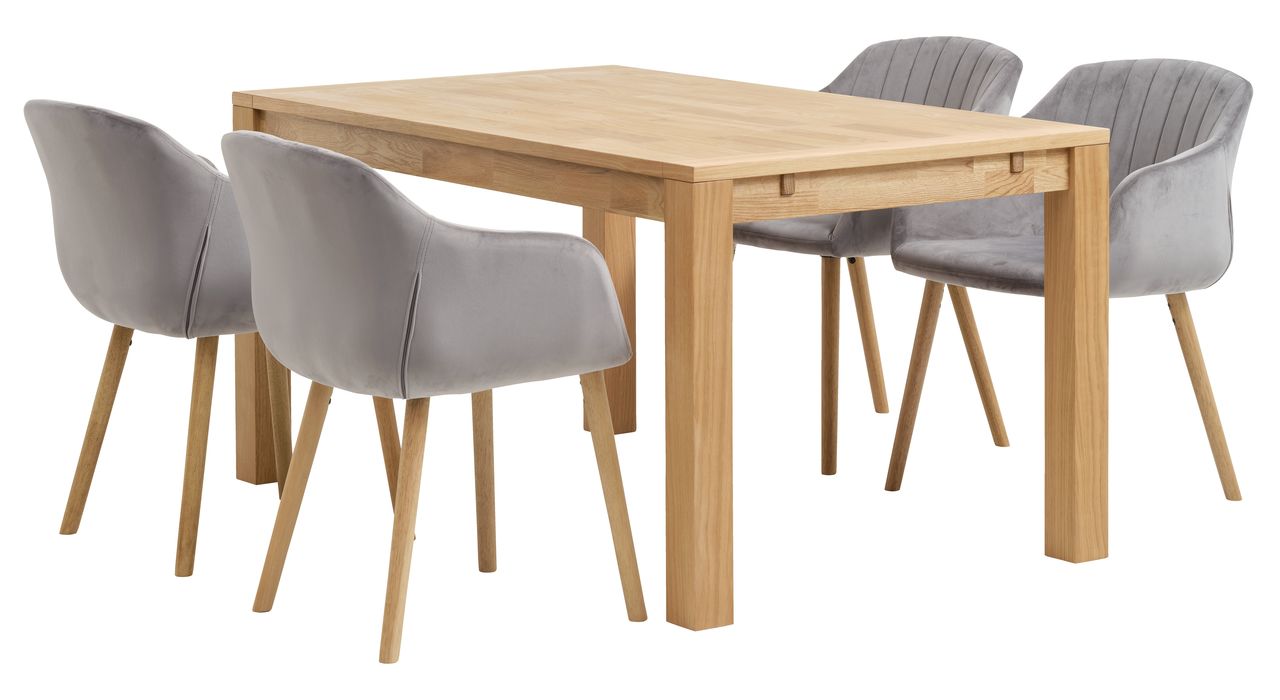 HAGE L150 table oak + 4 ADSLEV chairs grey velvet JYSK