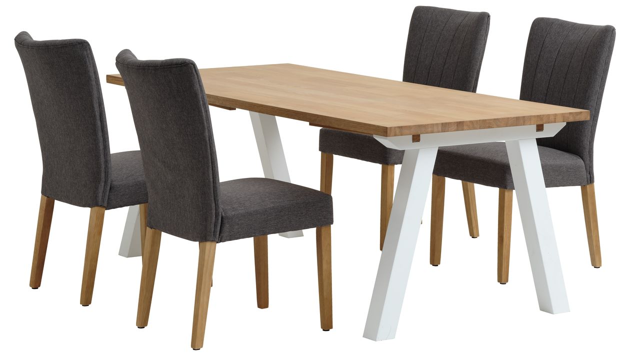 SKAGEN L200 table white/oak + 4 NORDRUP chairs grey JYSK