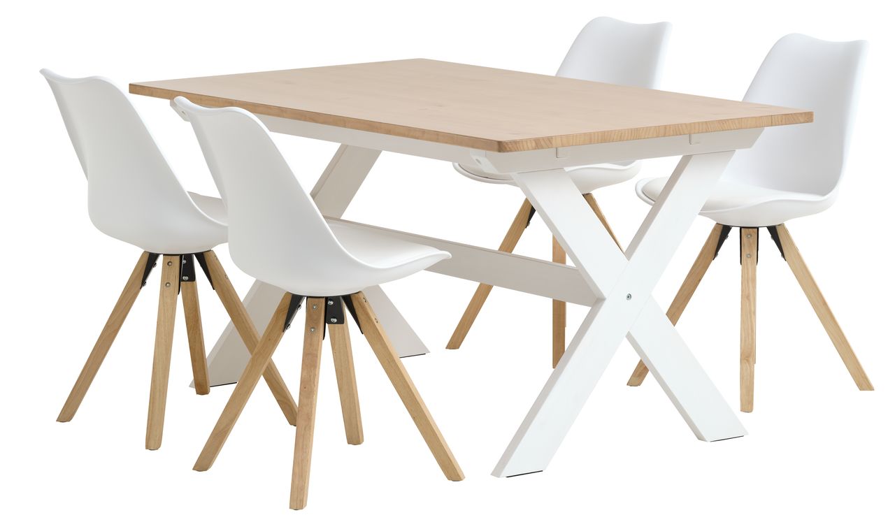 VISLINGE L150 Tisch natur + 4 BLOKHUS Stühle weiss JYSK