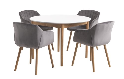 MARSTRAND Ø110 stôl biela + 4 ADSLEV stoličky sivá zamat