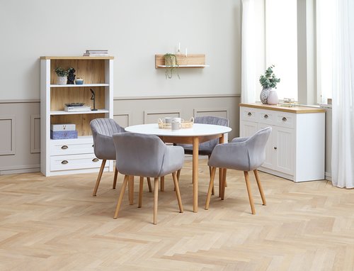 MARSTRAND Ø110 τραπέζι λευκό + 4 ADSLEV καρέκλες γκρι βελ.