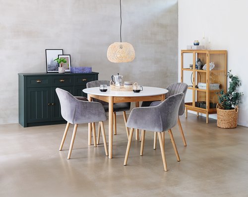 MARSTRAND Ø110 τραπέζι λευκό + 4 ADSLEV καρέκλες γκρι βελ.