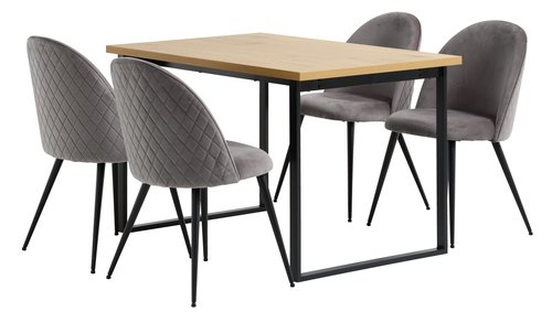 AABENRAA L120 table oak + 4 KOKKEDAL chairs grey velvet