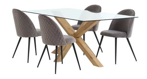 Mesa AGERBY L160 roble + 4 sillas KOKKEDAL terciopelo gris