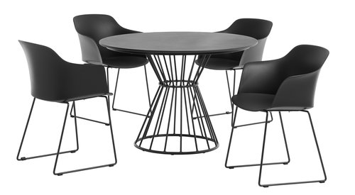FAGERNES Ø110 tafel grijs + 4 SANDVED stoelen zwart