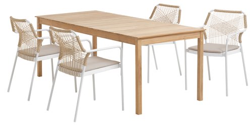 VESTERHAVET H210 asztal teakfa + 4 FASTRUP szék fehér