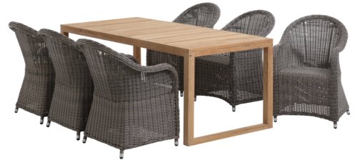 EBBESKOV H196 asztal teakfa + 4 GAMMELBY szék szürke