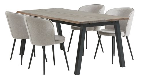 SKOVLUNDE L200 bord mørk eik + 4 RISSKOV stol lys grå