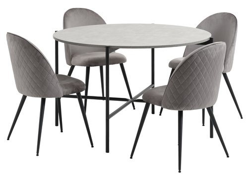 TERSLEV Ø120 bord + 4 KOKKEDAL stol grå fløyel