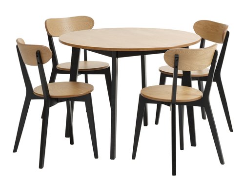 JEGIND Ø105 stůl dub/černá + 4 JEGIND židle dub/černá