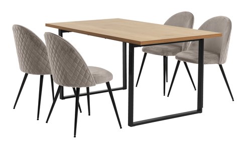 AABENRAA L160 table oak + 4 KOKKEDAL chairs grey velvet
