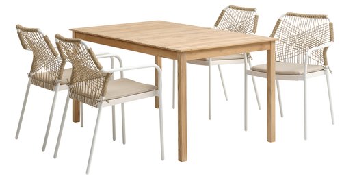 VESTERHAVET H150 asztal teakfa + 4 FASTRUP szék fehér