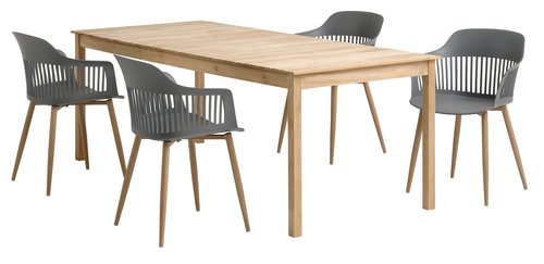 VESTERHAVET P210 pöytä tiikki + 4 RAVNEBAKKE tuoli harmaa