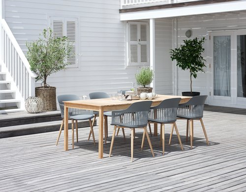VESTERHAVET P210 pöytä tiikki + 4 RAVNEBAKKE tuoli harmaa