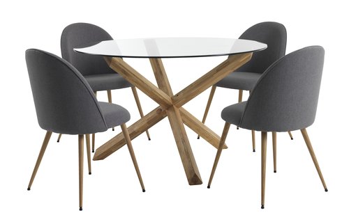 Mesa AGERBY Ø119 roble + 4 sillas KOKKEDAL gris/roble