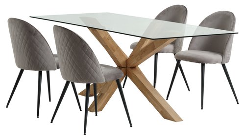 AGERBY L190 tafel eiken + 4 KOKKEDAL stoelen fluweel grijs