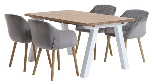 SKAGEN L150 Tisch weiß/Eiche + 4 ADSLEV Stühle grauer Samt