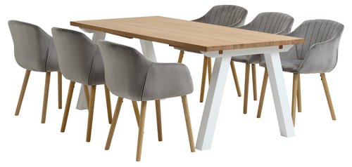 SKAGEN D200 stol bijela/hrast + 4 ADSLEV stolice siva baršun