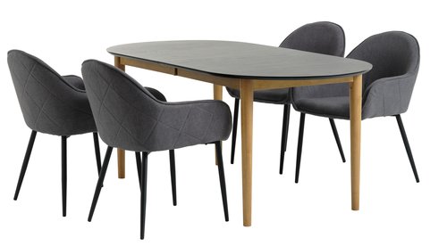 EGENS L190/270 tafel zwart + 4 SABRO stoelen grijs/zwart