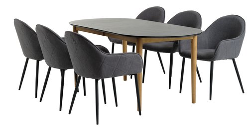 EGENS L190/270 tafel zwart + 4 SABRO stoelen grijs/zwart