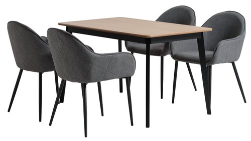 JEGIND L130 Tisch Eiche/schwarz + 4 SABRO Stühle grau/schw.