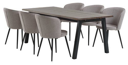 SKOVLUNDE L200 table dark oak + 4 RISSKOV light grey