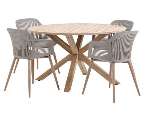 HESTRA Ø126 stůl tvrdé dřevo + 4 VANTORE židle písková
