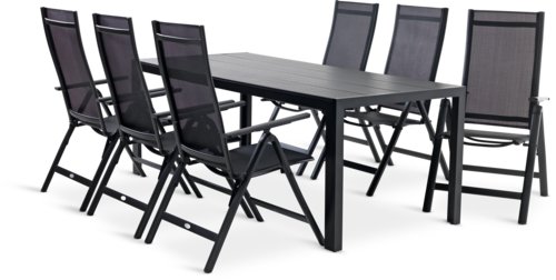 MADERUP D205 stôl čierna + 4 LOMMA polohovacie kreslo čierna