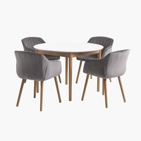 Table Ø110 blanc + 4 chaises ADSLEV velours gris