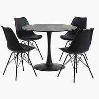 RINGSTED Ø100 table noir + 4 KLARUP chaises noir