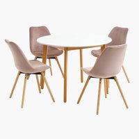 JEGIND Ø105 tafel wit + 4 KASTRUP stoelen roze velvet