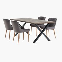Mesa ROSKILDE L200 roble oscuro + 4 PEBRINGE terciopelo gris