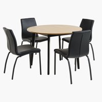 Table JEGIND Ø105 chêne + 4 chaises ASAA noir