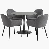 RINGSTED Ø100 table noir + 4 SABRO chaises gris/noir