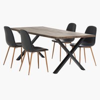 Table ROSKILDE L200 chêne foncé + 4 chaises JONSTRUP noir