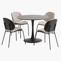 RINGSTED Ø100 bord sort + 4 TESTRUP stole sand