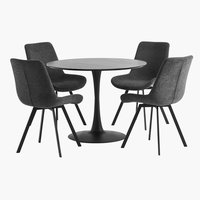 RINGSTED Ø100 bord sort + 4 HYGUM stole grå/sort