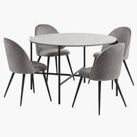 TERSLEV Ø120 table + 4 KOKKEDAL chaises velours gris