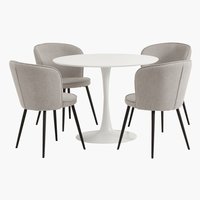 RINGSTED Ø100 table blanc + 4 RISSKOV chaises gris clair