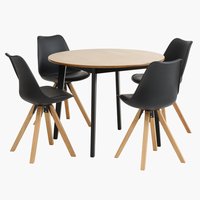 JEGIND Ø105 table chêne + 4 BLOKHUS chaises noir