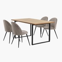 Table AABENRAA L160 chêne + 4 chaises KOKKEDAL velours gris