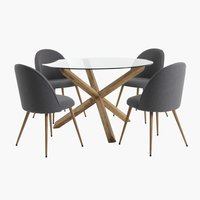 AGERBY Ø119 mesa carvalho + 4 KOKKEDAL cadeiras cinz/carv