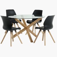 Table AGERBY Ø119 chêne + 4 chaises BOGENSE noir/naturel