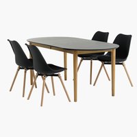 Table EGENS L190/270 noir + 4 chaises KASTRUP noir