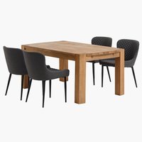 Table OLLERUP L160 chêne + 4 chaises PEBRINGE gris/noir