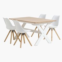 Table VISLINGE L150 naturel + 4 chaises BLOKHUS blanc