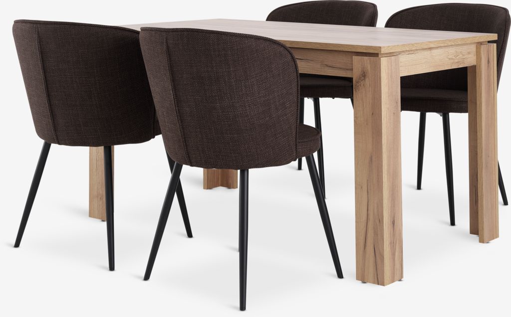 LINTRUP L140 table chêne + 4 RISSKOV chaises brun foncé | JYSK