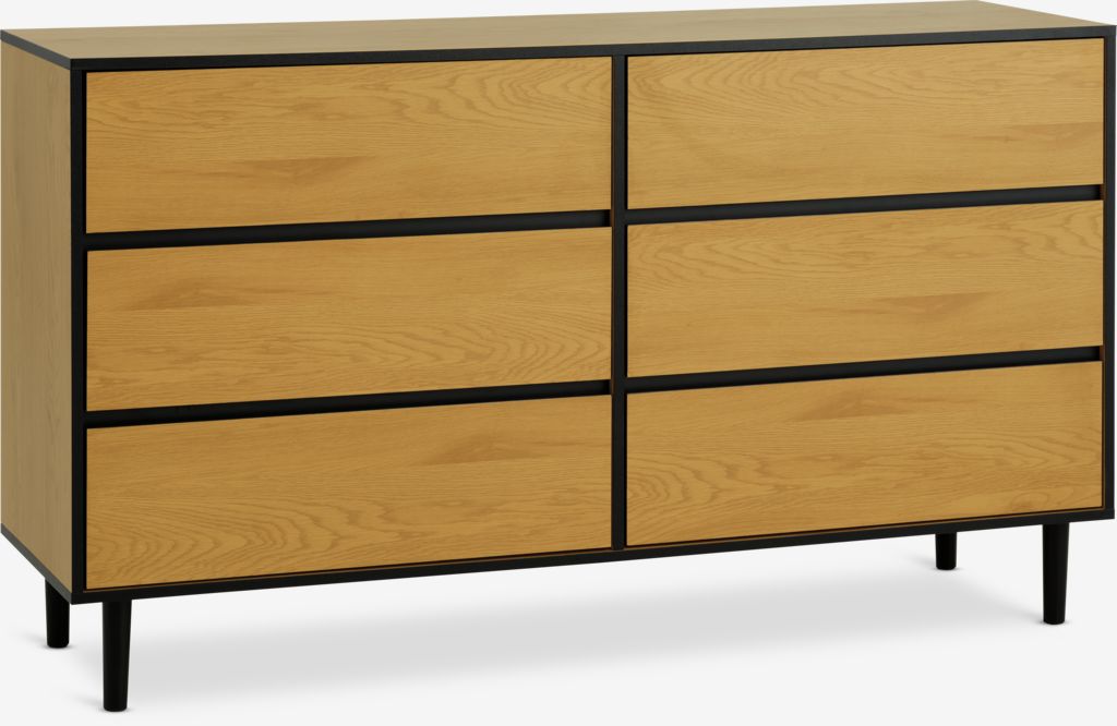 Møbelmontering JYSK Kommode ODENSE 3+3 skuffer varm egefarve/sort 150 cm x 45 cm x 85 cm | Billig & Hurtig i København