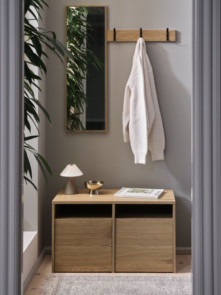 Mueble recibidor roble claro con 2 cajones y espejo