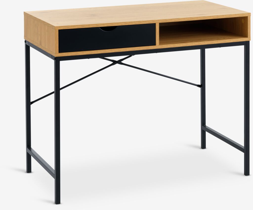 Møbelmontering JYSK Skrivebord TRAPPEDAL 48×95 1 skuffe varm egefarve/sort 48 cm x 76 cm | Billig & Hurtig i København